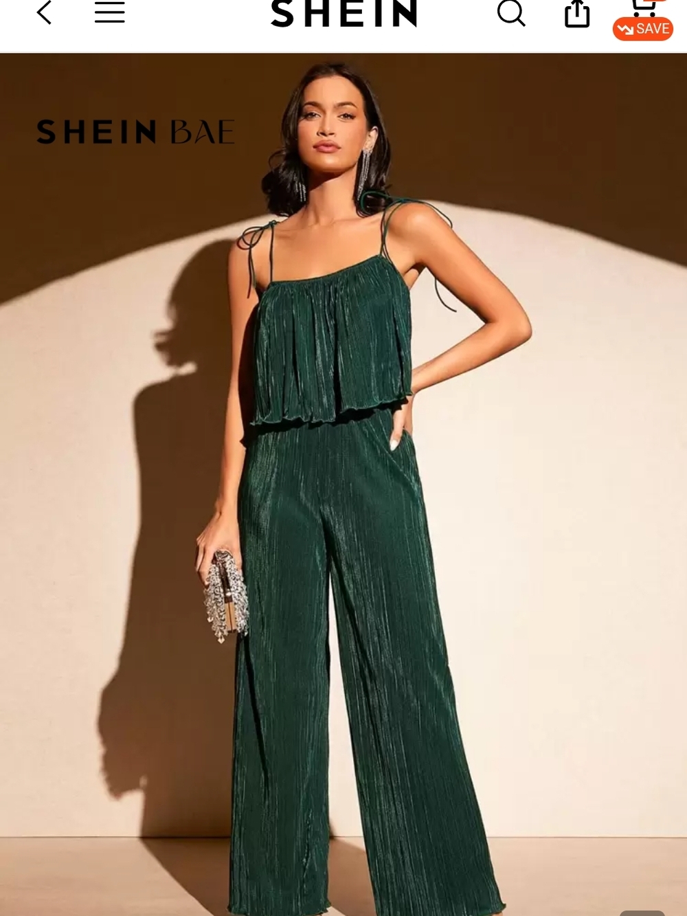 SHEIN Dark Green Pleated Wide-Leg Jumpsuit with Tie Straps
